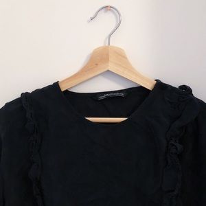 Zara Navy Button Down Ruffle Shirt